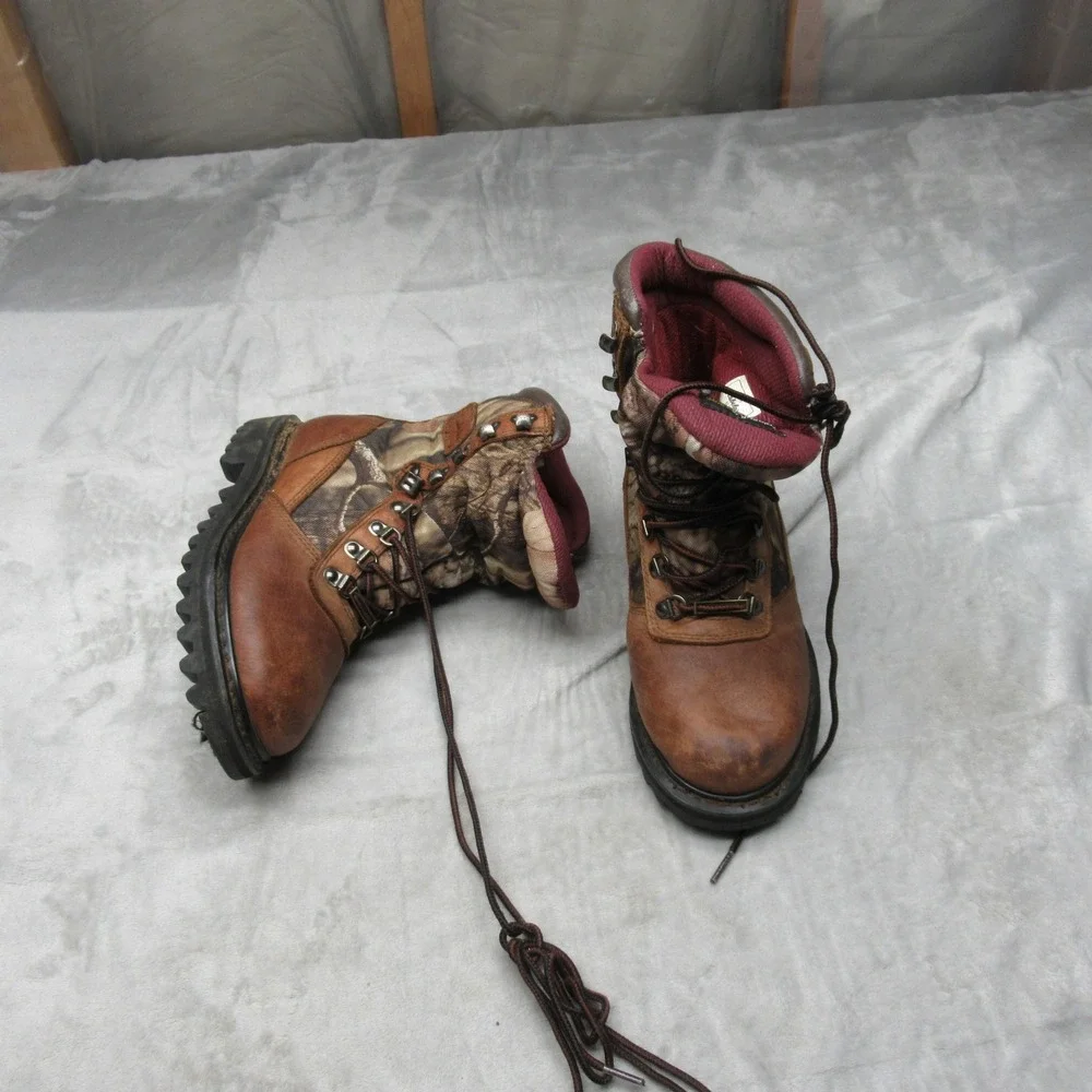 Cabelas Youth Hunting Boots 4M‎ Brown Camo Leather Insulated Outdoor Waterproof